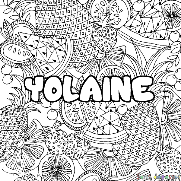 Coloriage pr&eacute;nom YOLAINE - d&eacute;cor Mandala fruits