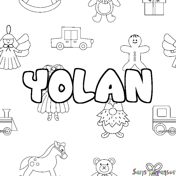 Coloriage pr&eacute;nom YOLAN - d&eacute;cor Jouets