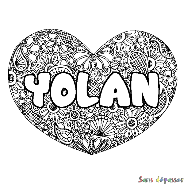 Coloriage pr&eacute;nom YOLAN - d&eacute;cor Mandala coeur