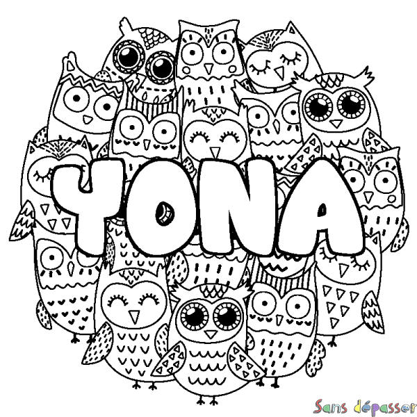 Coloriage pr&eacute;nom YONA - d&eacute;cor Chouettes