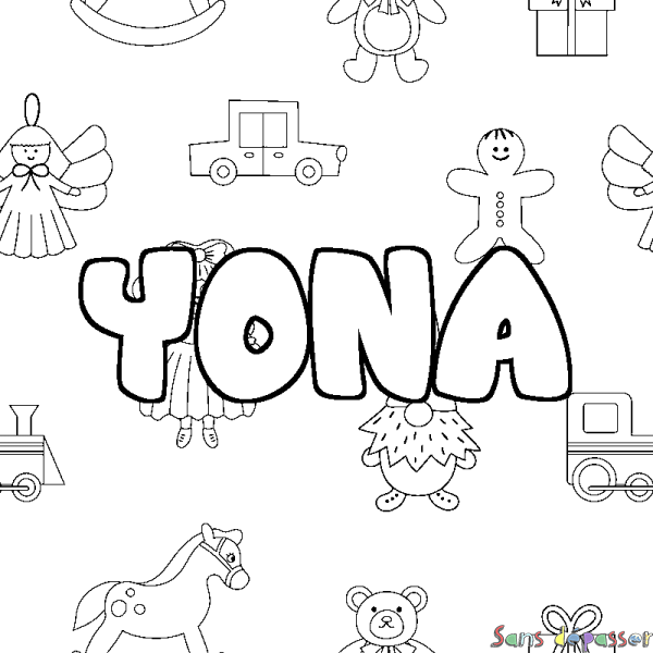 Coloriage pr&eacute;nom YONA - d&eacute;cor Jouets
