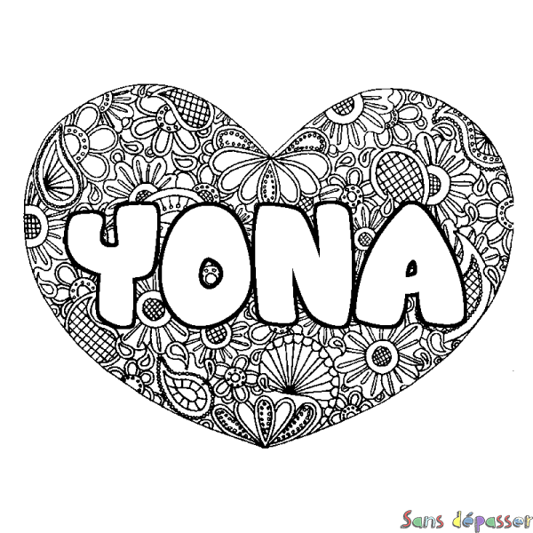 Coloriage pr&eacute;nom YONA - d&eacute;cor Mandala coeur