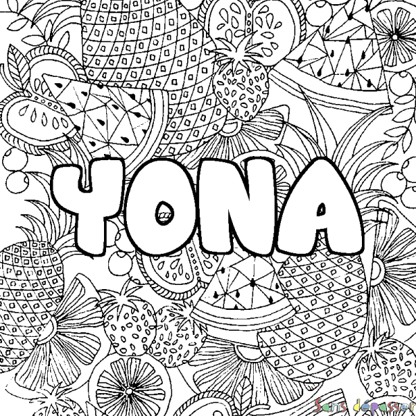 Coloriage pr&eacute;nom YONA - d&eacute;cor Mandala fruits