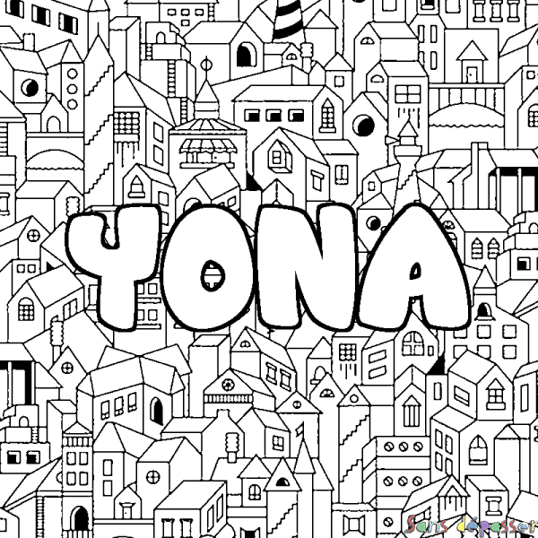 Coloriage pr&eacute;nom YONA - d&eacute;cor Ville