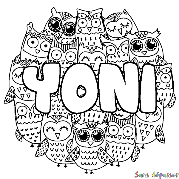 Coloriage pr&eacute;nom YONI - d&eacute;cor Chouettes