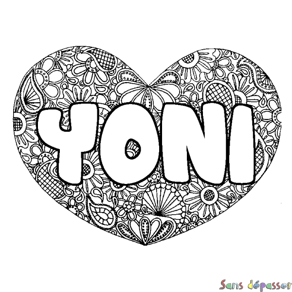 Coloriage pr&eacute;nom YONI - d&eacute;cor Mandala coeur