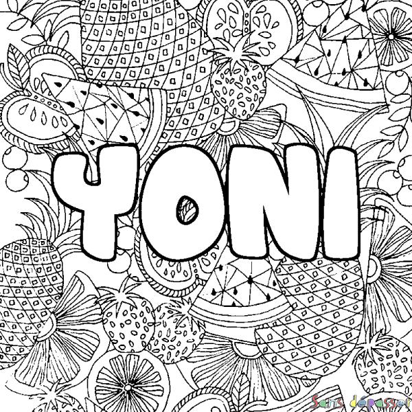 Coloriage pr&eacute;nom YONI - d&eacute;cor Mandala fruits