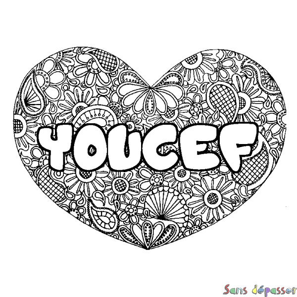 Coloriage pr&eacute;nom YOUCEF - d&eacute;cor Mandala coeur