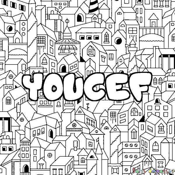 Coloriage pr&eacute;nom YOUCEF - d&eacute;cor Ville