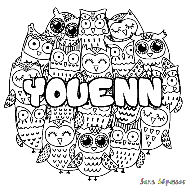 Coloriage pr&eacute;nom YOUENN - d&eacute;cor Chouettes