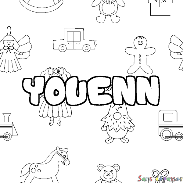 Coloriage pr&eacute;nom YOUENN - d&eacute;cor Jouets