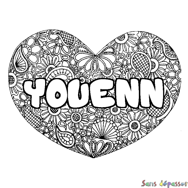 Coloriage pr&eacute;nom YOUENN - d&eacute;cor Mandala coeur