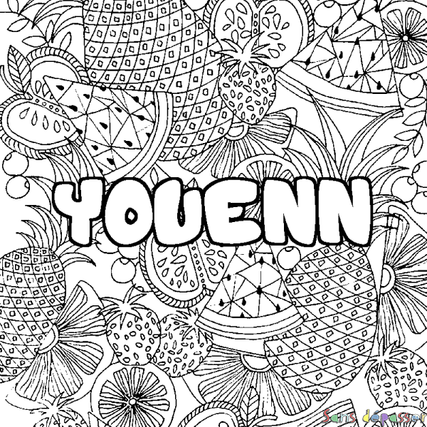 Coloriage pr&eacute;nom YOUENN - d&eacute;cor Mandala fruits