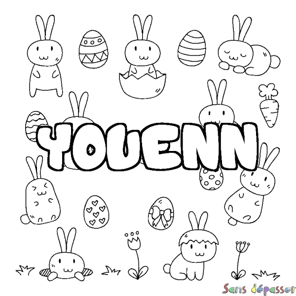 Coloriage pr&eacute;nom YOUENN - d&eacute;cor Paques
