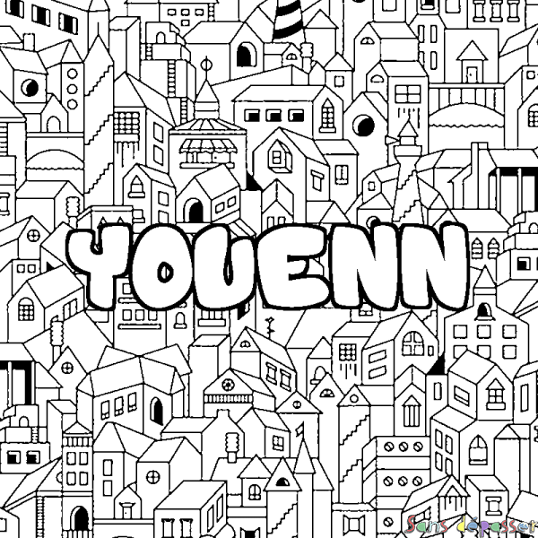 Coloriage pr&eacute;nom YOUENN - d&eacute;cor Ville