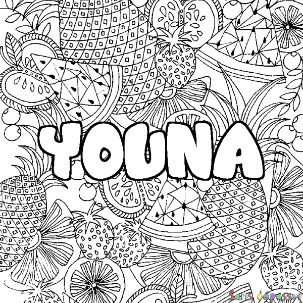 Coloriage pr&eacute;nom YOUNA - d&eacute;cor Mandala fruits