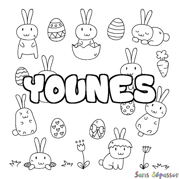 Coloriage pr&eacute;nom YOUNES - d&eacute;cor Paques
