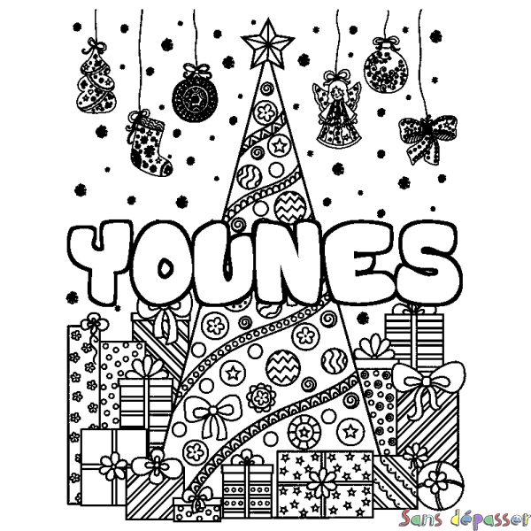 Coloriage pr&eacute;nom YOUNES - d&eacute;cor Sapin et Cadeaux
