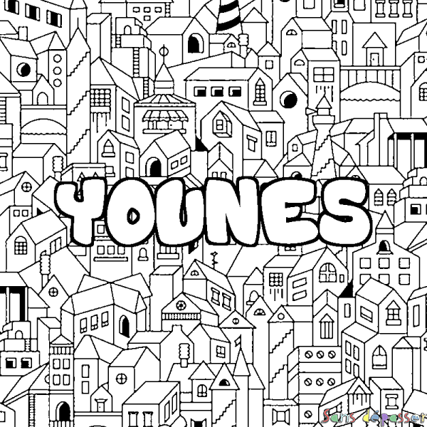 Coloriage pr&eacute;nom YOUNES - d&eacute;cor Ville