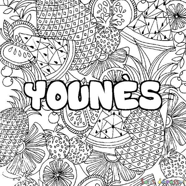 Coloriage pr&eacute;nom YOUN&Egrave;S - d&eacute;cor Mandala fruits