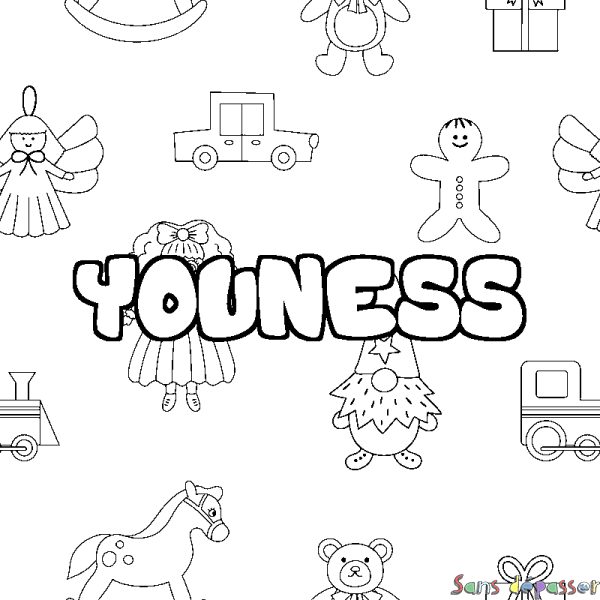 Coloriage pr&eacute;nom YOUNESS - d&eacute;cor Jouets
