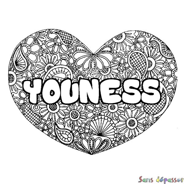 Coloriage pr&eacute;nom YOUNESS - d&eacute;cor Mandala coeur