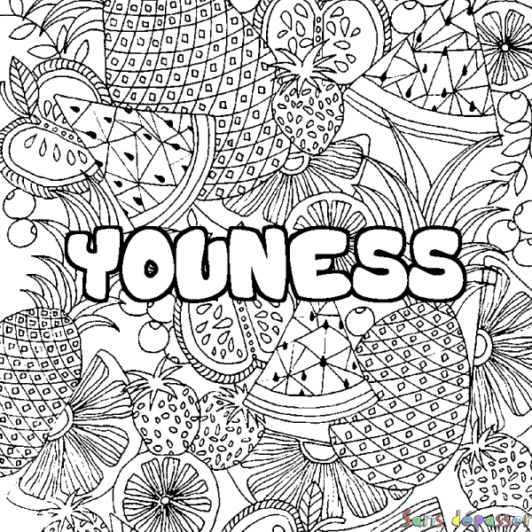 Coloriage pr&eacute;nom YOUNESS - d&eacute;cor Mandala fruits