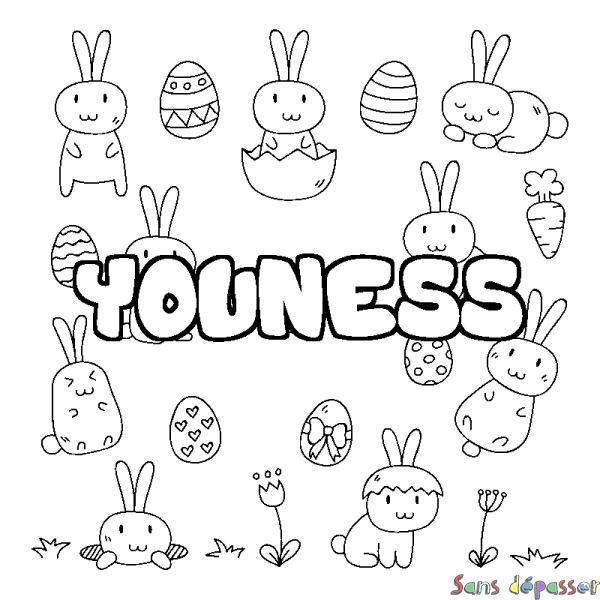 Coloriage pr&eacute;nom YOUNESS - d&eacute;cor Paques