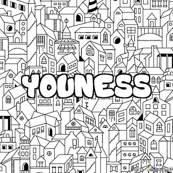 Coloriage pr&eacute;nom YOUNESS - d&eacute;cor Ville