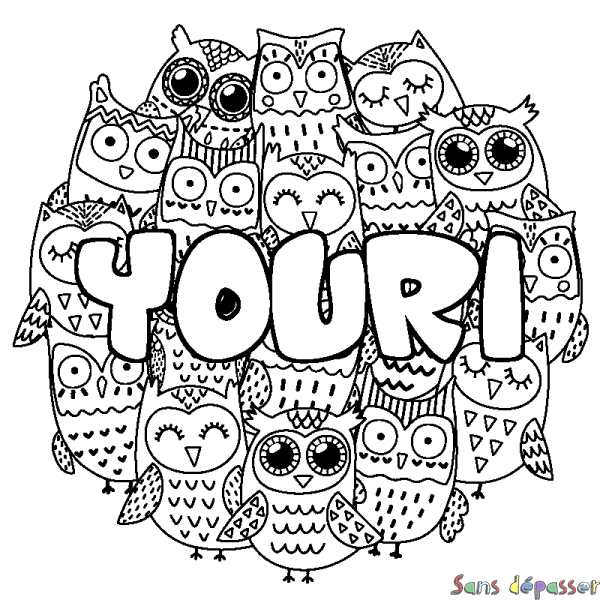 Coloriage pr&eacute;nom YOURI - d&eacute;cor Chouettes