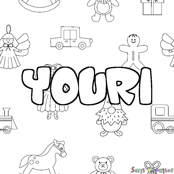 Coloriage pr&eacute;nom YOURI - d&eacute;cor Jouets