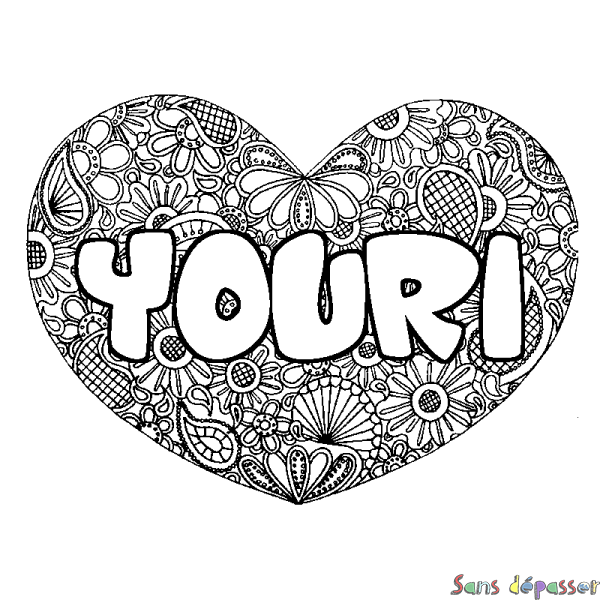 Coloriage pr&eacute;nom YOURI - d&eacute;cor Mandala coeur