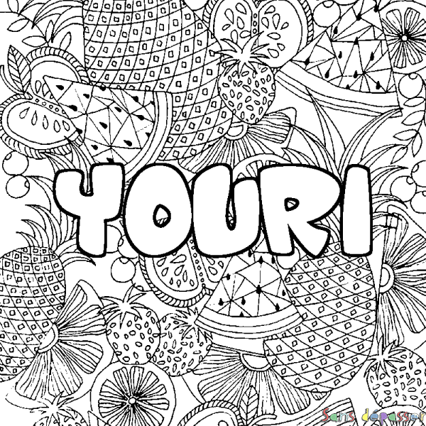 Coloriage pr&eacute;nom YOURI - d&eacute;cor Mandala fruits