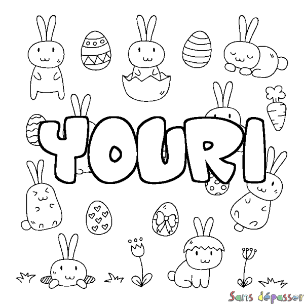 Coloriage pr&eacute;nom YOURI - d&eacute;cor Paques