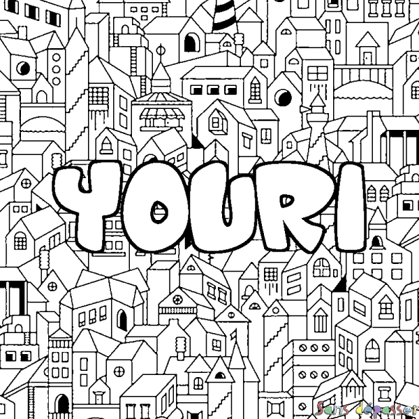 Coloriage pr&eacute;nom YOURI - d&eacute;cor Ville