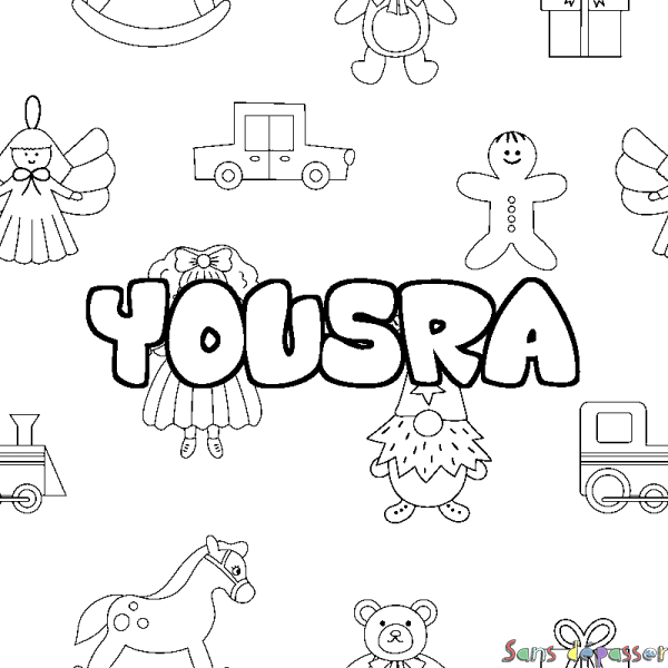 Coloriage pr&eacute;nom YOUSRA - d&eacute;cor Jouets