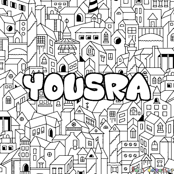 Coloriage pr&eacute;nom YOUSRA - d&eacute;cor Ville