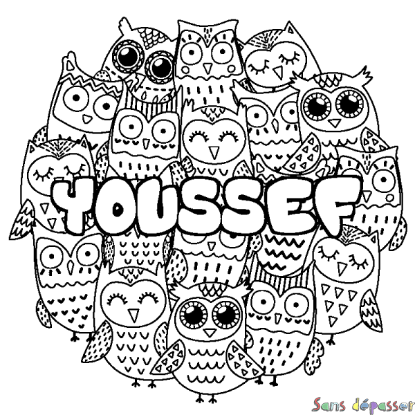 Coloriage pr&eacute;nom YOUSSEF - d&eacute;cor Chouettes
