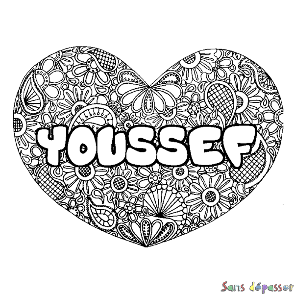 Coloriage pr&eacute;nom YOUSSEF - d&eacute;cor Mandala coeur