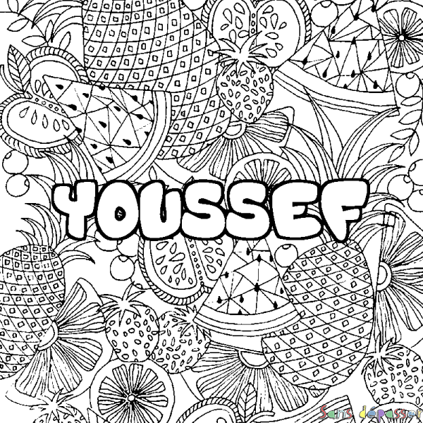 Coloriage pr&eacute;nom YOUSSEF - d&eacute;cor Mandala fruits
