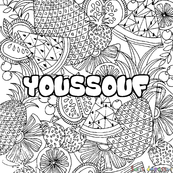 Coloriage pr&eacute;nom YOUSSOUF - d&eacute;cor Mandala fruits