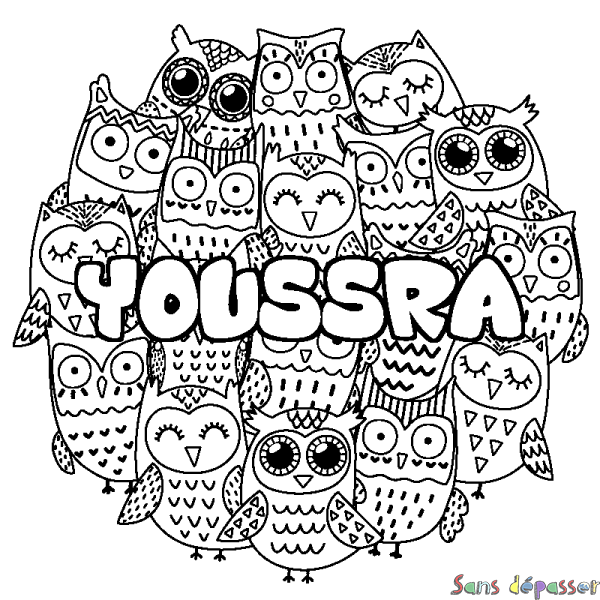 Coloriage pr&eacute;nom YOUSSRA - d&eacute;cor Chouettes