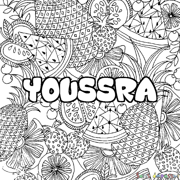 Coloriage pr&eacute;nom YOUSSRA - d&eacute;cor Mandala fruits