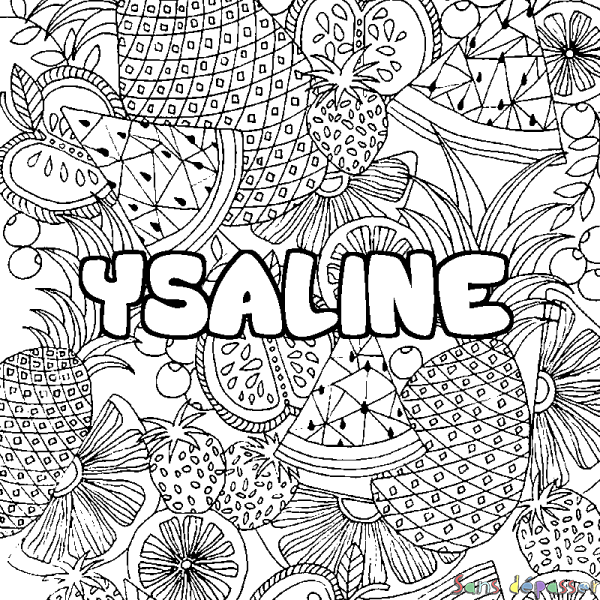 Coloriage pr&eacute;nom YSALINE - d&eacute;cor Mandala fruits
