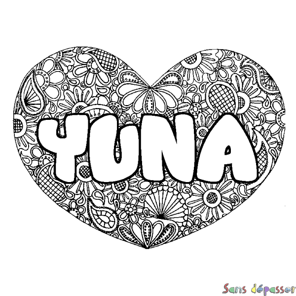 Coloriage prénom YUNA - d&eacute;cor Mandala coeur
