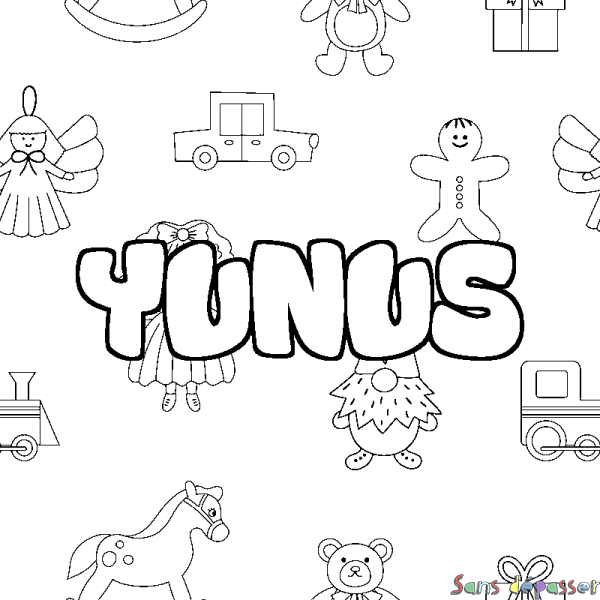 Coloriage pr&eacute;nom YUNUS - d&eacute;cor Jouets