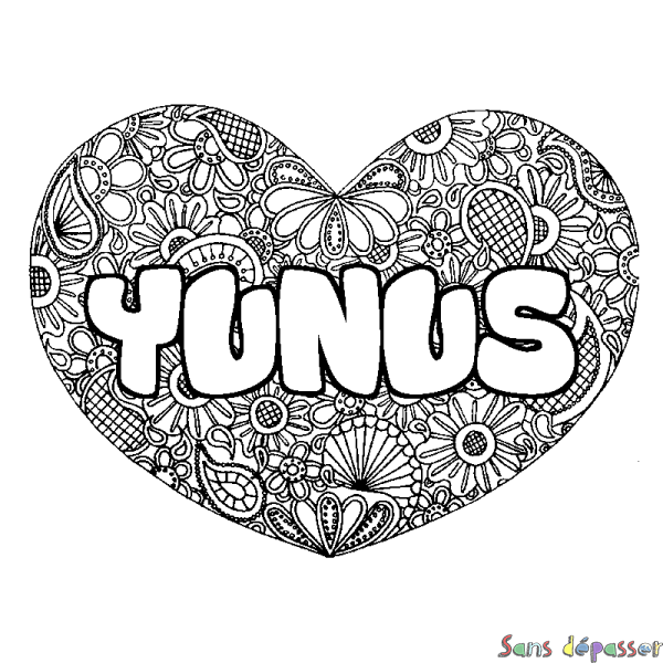 Coloriage pr&eacute;nom YUNUS - d&eacute;cor Mandala coeur