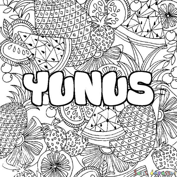 Coloriage pr&eacute;nom YUNUS - d&eacute;cor Mandala fruits