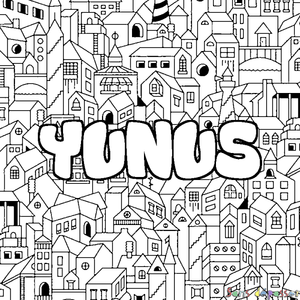 Coloriage pr&eacute;nom YUNUS - d&eacute;cor Ville