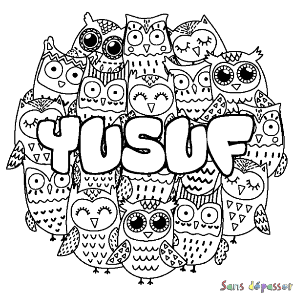 Coloriage pr&eacute;nom YUSUF - d&eacute;cor Chouettes